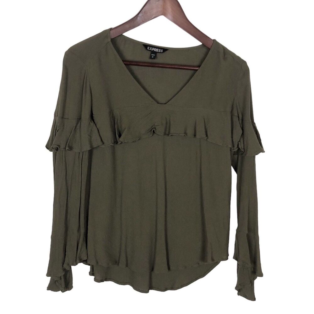 Express Green V-Neck Long Sleeve Ruffle Shirt Women's Size Small